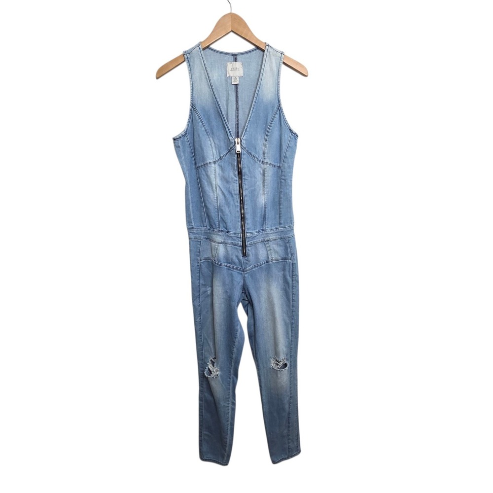 Guess Los Angeles Overalls Womens SZ 6 Denim Skinny Leg Distressed Jumpsuit Y2K - Picture 2 of 13